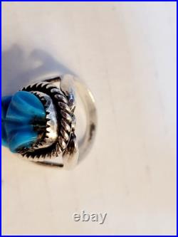 Vintage Native American Sterling Turquoise Carved Frog Ring Signed Size 7.5