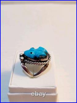 Vintage Native American Sterling Turquoise Carved Frog Ring Signed Size 7.5