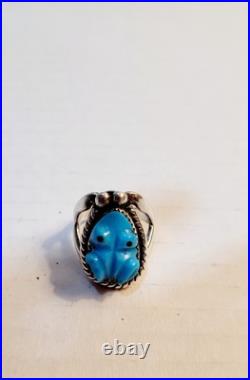 Vintage Native American Sterling Turquoise Carved Frog Ring Signed Size 7.5