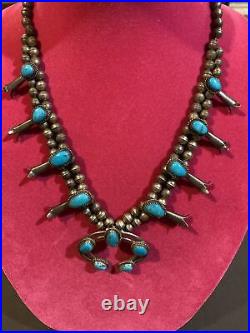 Vintage Native American Sterling Turquoise Squash Blossom Necklace