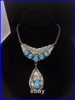 Vintage Native American Sterling With Turquoise Necklace Size 14in