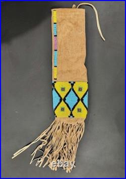Vintage Native American Style Beaded Tobacco Pipe Bag Suede Hide Pouch Fringe