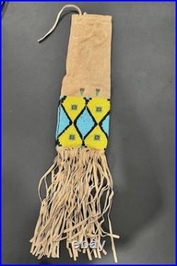Vintage Native American Style Beaded Tobacco Pipe Bag Suede Hide Pouch Fringe