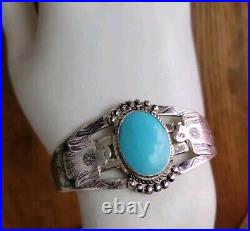 Vintage Native American Thunderbird 925 Stamped Cuff Turquoise Bracelet 6.5