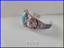 Vintage Native American Thunderbird 925 Stamped Cuff Turquoise Bracelet 6.5