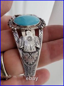Vintage Native American Thunderbird 925 Stamped Cuff Turquoise Bracelet 6.5