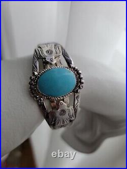 Vintage Native American Thunderbird 925 Stamped Cuff Turquoise Bracelet 6.5