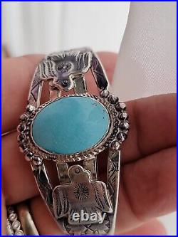 Vintage Native American Thunderbird 925 Stamped Cuff Turquoise Bracelet 6.5