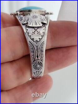 Vintage Native American Thunderbird 925 Stamped Cuff Turquoise Bracelet 6.5
