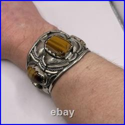 Vintage Native American Tigers Eye Cabochon Pewter Cuff Bracelet Signed 103 Gram