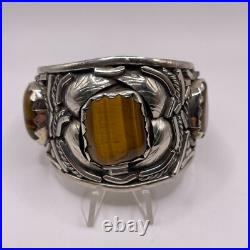 Vintage Native American Tigers Eye Cabochon Pewter Cuff Bracelet Signed 103 Gram