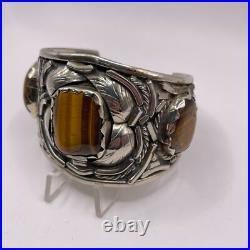 Vintage Native American Tigers Eye Cabochon Pewter Cuff Bracelet Signed 103 Gram