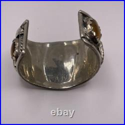 Vintage Native American Tigers Eye Cabochon Pewter Cuff Bracelet Signed 103 Gram