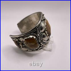 Vintage Native American Tigers Eye Cabochon Pewter Cuff Bracelet Signed 103 Gram