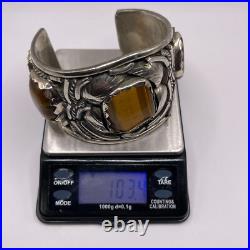 Vintage Native American Tigers Eye Cabochon Pewter Cuff Bracelet Signed 103 Gram