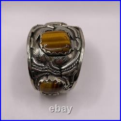 Vintage Native American Tigers Eye Cabochon Pewter Cuff Bracelet Signed 103 Gram