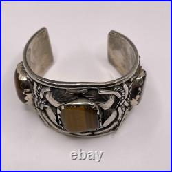 Vintage Native American Tigers Eye Cabochon Pewter Cuff Bracelet Signed 103 Gram