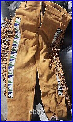 Vintage Native American Trousers Suede Leather Beaded & Fringes 34 Sized Pants