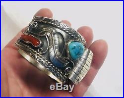 Vintage Native American Turquoise And Coral Sterling Silver Watch Cuff Bracelet