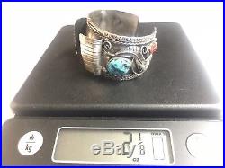 Vintage Native American Turquoise And Coral Sterling Silver Watch Cuff Bracelet