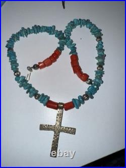 Vintage Native American Turquoise & Coral Beaded Necklace withSilver Cross Pendant