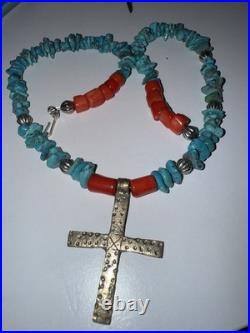 Vintage Native American Turquoise & Coral Beaded Necklace withSilver Cross Pendant