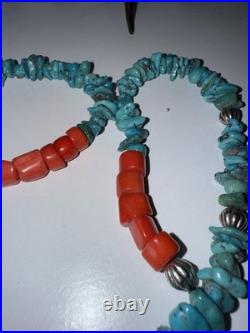 Vintage Native American Turquoise & Coral Beaded Necklace withSilver Cross Pendant Vintage Native American Turquoise & Coral Beaded Necklace withSilver Cross Pendant