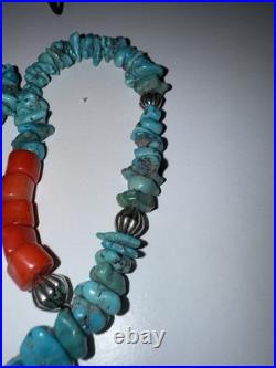 Vintage Native American Turquoise & Coral Beaded Necklace withSilver Cross Pendant Vintage Native American Turquoise & Coral Beaded Necklace withSilver Cross Pendant