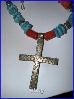 Vintage Native American Turquoise & Coral Beaded Necklace withSilver Cross Pendant