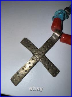 Vintage Native American Turquoise & Coral Beaded Necklace withSilver Cross Pendant