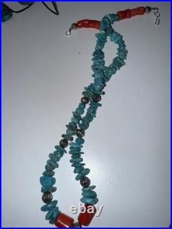 Vintage Native American Turquoise & Coral Beaded Necklace withSilver Cross Pendant