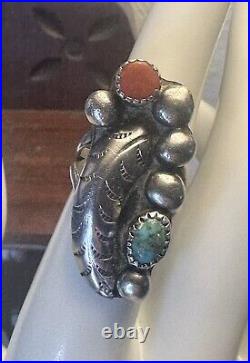 Vintage Native American Turquoise Coral Feather 925 Silver Ring Size 6