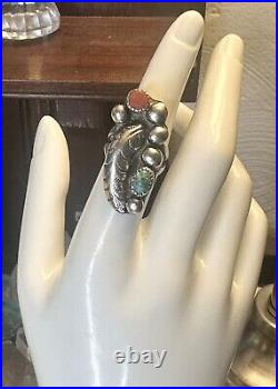 Vintage Native American Turquoise Coral Feather 925 Silver Ring Size 6