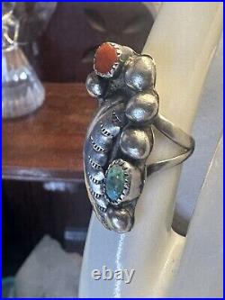 Vintage Native American Turquoise Coral Feather 925 Silver Ring Size 6