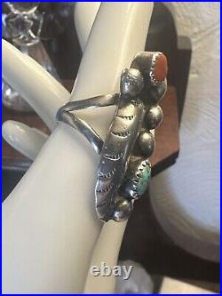 Vintage Native American Turquoise Coral Feather 925 Silver Ring Size 6
