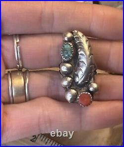 Vintage Native American Turquoise Coral Feather 925 Silver Ring Size 6