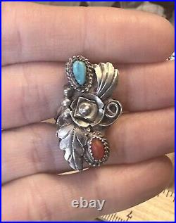 Vintage Native American Turquoise Coral Feather 925 Silver Ring Size 6