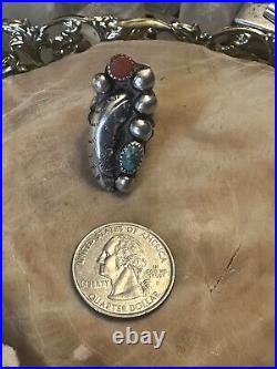Vintage Native American Turquoise Coral Feather 925 Silver Ring Size 6