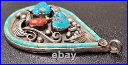 Vintage Native American Turquoise & Coral Pear Shaped Large Pendant VP Silver