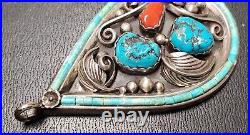 Vintage Native American Turquoise & Coral Pear Shaped Large Pendant VP Silver