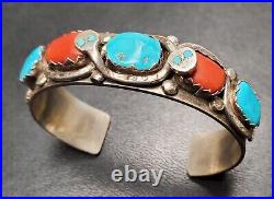 Vintage Native American Turquoise Coral Snake Bracelet Cuff Effie C Zuni Heavy