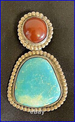 Vintage Native American Turquoise & Coral Sterling Silver Necklace 31.2 Grams