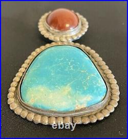 Vintage Native American Turquoise & Coral Sterling Silver Necklace 31.2 Grams