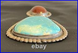 Vintage Native American Turquoise & Coral Sterling Silver Necklace 31.2 Grams