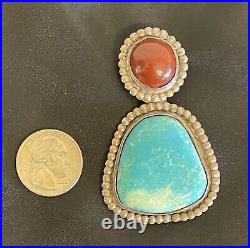 Vintage Native American Turquoise & Coral Sterling Silver Necklace 31.2 Grams