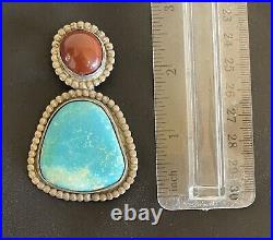 Vintage Native American Turquoise & Coral Sterling Silver Necklace 31.2 Grams