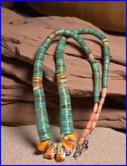 Vintage Native American Turquoise Heishi Necklace Spiny Oyster Coral Sterling
