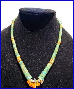 Vintage Native American Turquoise Heishi Necklace Spiny Oyster Coral Sterling