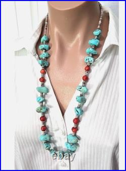Vintage Native American Turquoise Heishi Spiny Oyster beads Necklace 28L