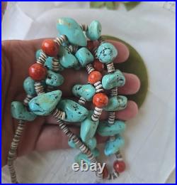 Vintage Native American Turquoise Heishi Spiny Oyster beads Necklace 28L Vintage Native American Turquoise Heishi Spiny Oyster beads Necklace 28L